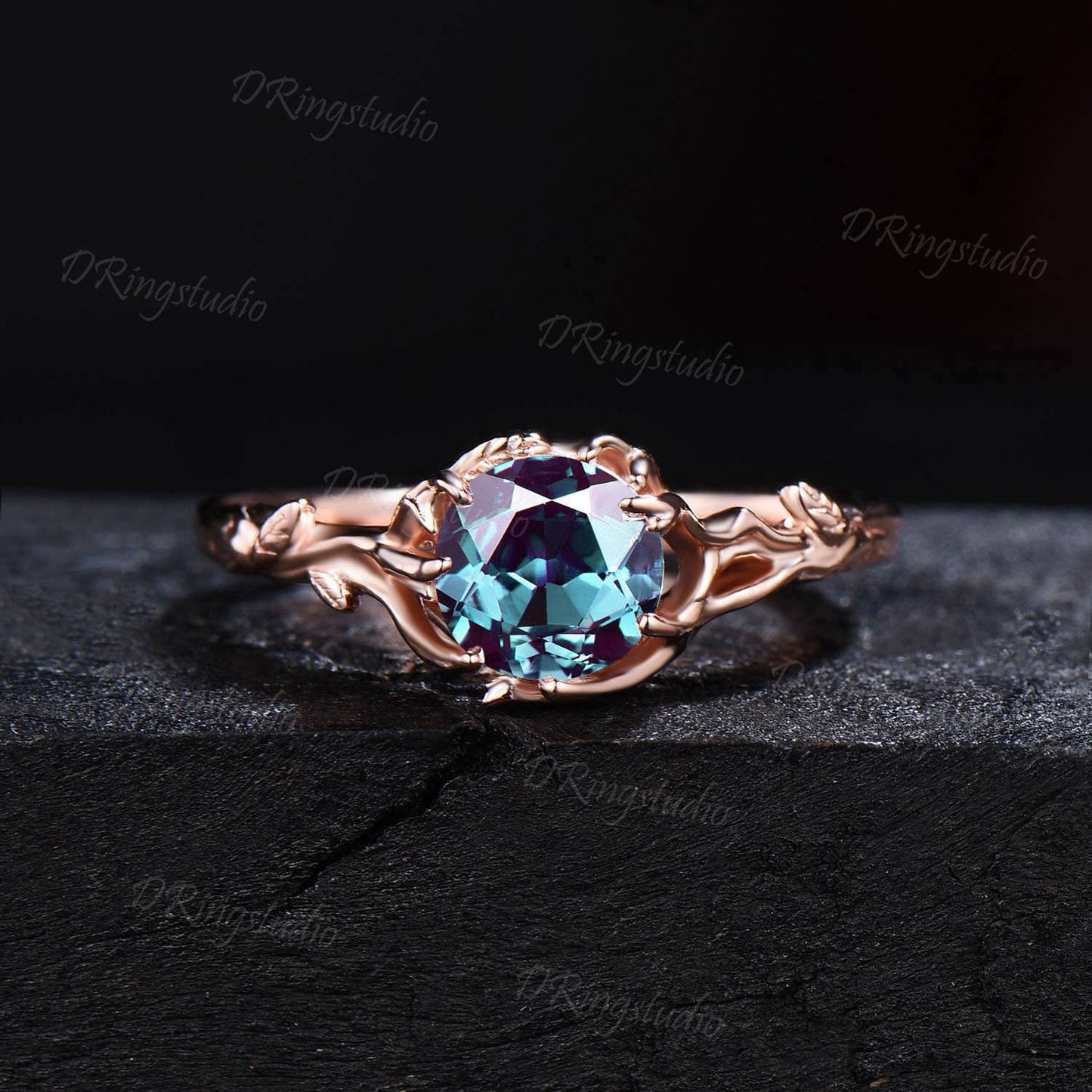 Rose Gold Leaf Round Alexandrite Bridal Ring Set Unique Branch Engagement Ring Flower Opal Wedding Ring June Birthstone Jewelry Promise Gift