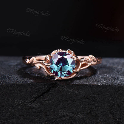 Rose Gold Leaf Round Alexandrite Bridal Ring Set Unique Branch Engagement Ring Flower Opal Wedding Ring June Birthstone Jewelry Promise Gift