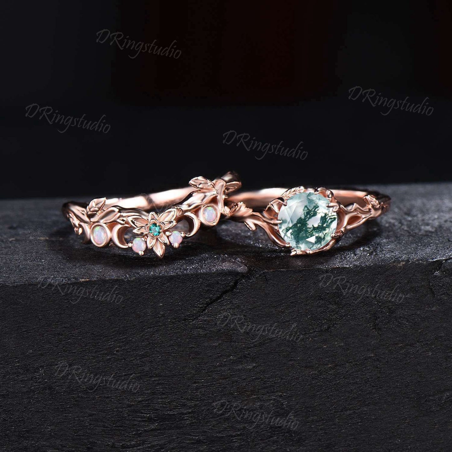 Nature Inspired Round Moss Agate Engagement Ring Leaf Texture Opal Ring 14k Rose Gold Moon Leaf Green Agate Bridal Ring Set Anniversary Gift