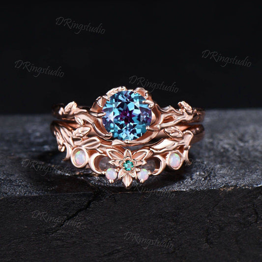 Rose Gold Leaf Round Alexandrite Bridal Ring Set Unique Branch Engagement Ring Flower Opal Wedding Ring June Birthstone Jewelry Promise Gift