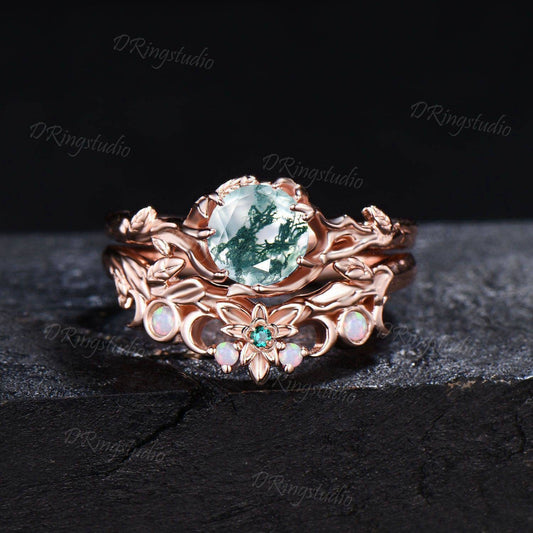 Nature Inspired Round Moss Agate Engagement Ring Leaf Texture Opal Ring 14k Rose Gold Moon Leaf Green Agate Bridal Ring Set Anniversary Gift