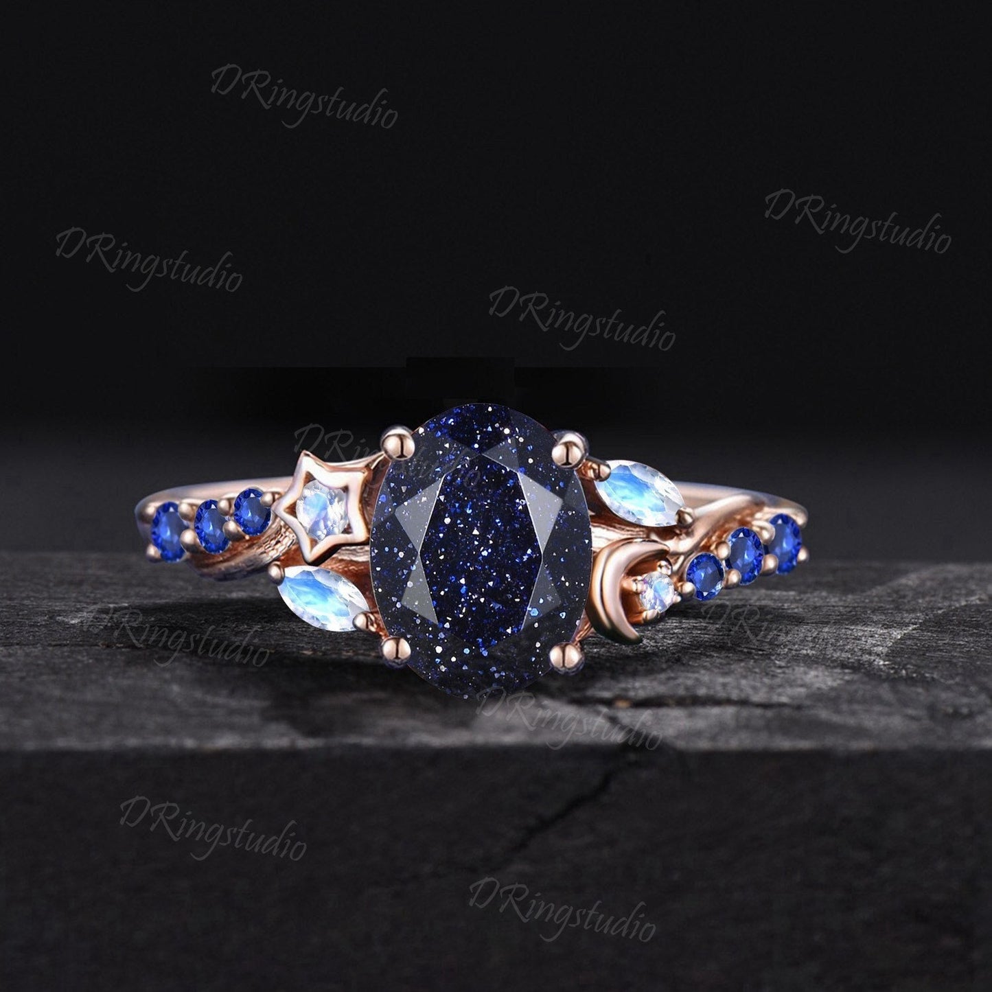 Moon Star Engagement Ring Oval Galaxy Blue Sandstone Promise Ring Rose Gold Moonstone Sapphire Wedding Ring Cluster Blue Gemstone Ring Gifts