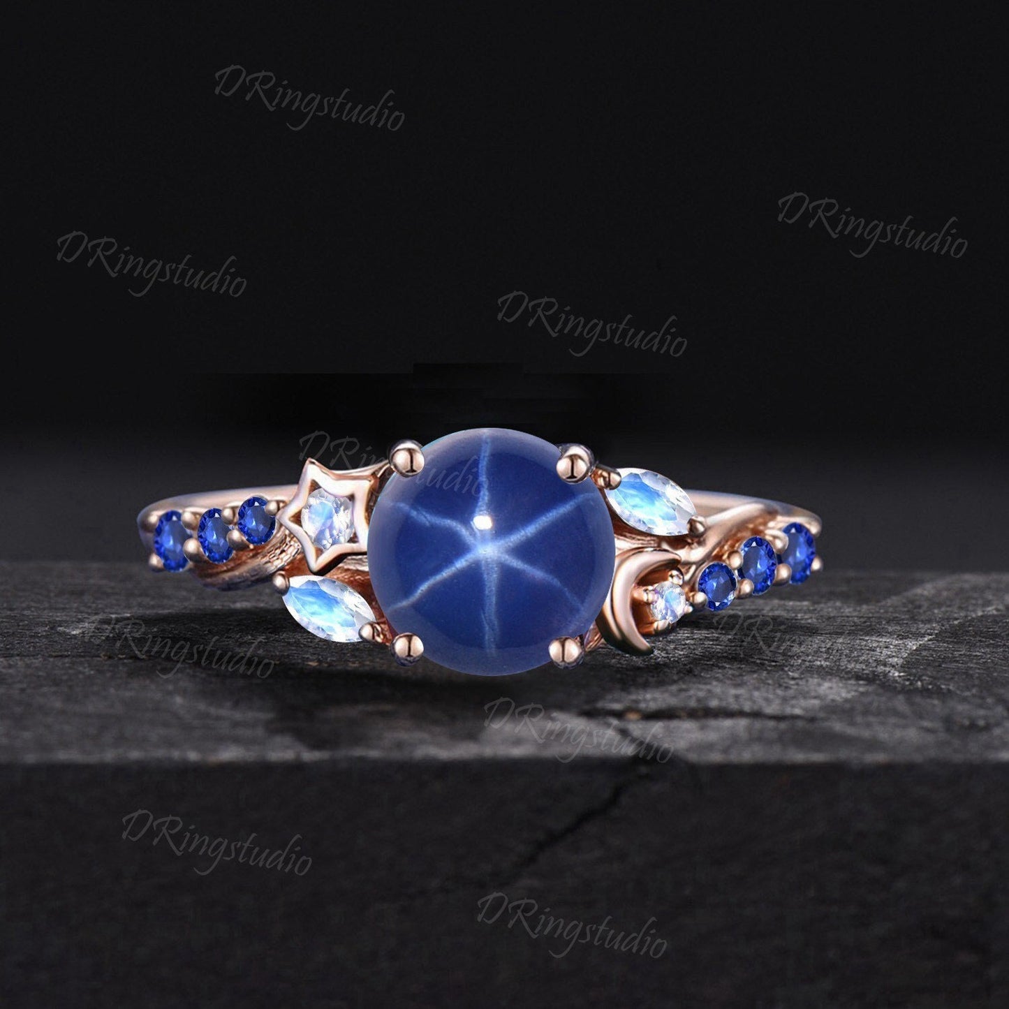 14k Rose Gold Blue Lindy Star Ring 7mm Round Star Sapphire Engagement Ring Vintage Cluster Blue Stone Promise Ring Moon Star Ring Women Gift