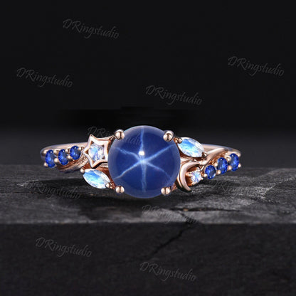 14k Rose Gold Blue Lindy Star Ring 7mm Round Star Sapphire Engagement Ring Vintage Cluster Blue Stone Promise Ring Moon Star Ring Women Gift