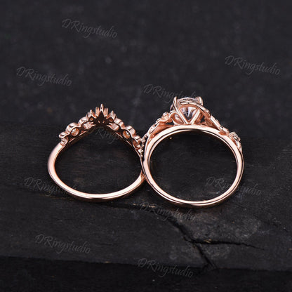 Lab Grown Diamond Engagement Ring Set Round Cut Diamond Floral Wedding Ring Nature Inspired Leaf Vine Bridal Ring Set Celestial Moon Ring