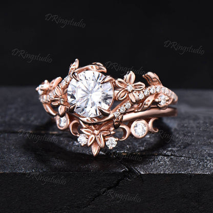 Lab Grown Diamond Engagement Ring Set Round Cut Diamond Floral Wedding Ring Nature Inspired Leaf Vine Bridal Ring Set Celestial Moon Ring