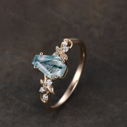 Coffin cut moss agate engagement ring 14k solid gold ring Art deco leaf design moissanite ring unique natural agate ring bridal promise ring