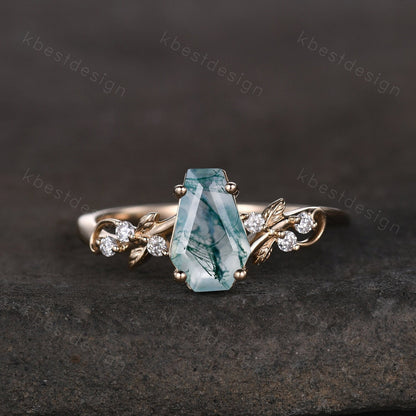 Coffin cut moss agate engagement ring 14k solid gold ring Art deco leaf design moissanite ring unique natural agate ring bridal promise ring