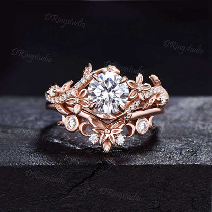 Lab Grown Diamond Engagement Ring Set Round Cut Diamond Floral Wedding Ring Nature Inspired Leaf Vine Bridal Ring Set Celestial Moon Ring