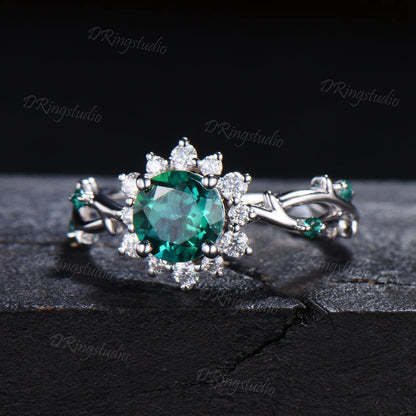 Flower Round Cut Green Emerald Engagement Ring Twist Leaf Branch May Birthstone Promise Ring Halo Moissanite Floral Wedding Ring Women Gift