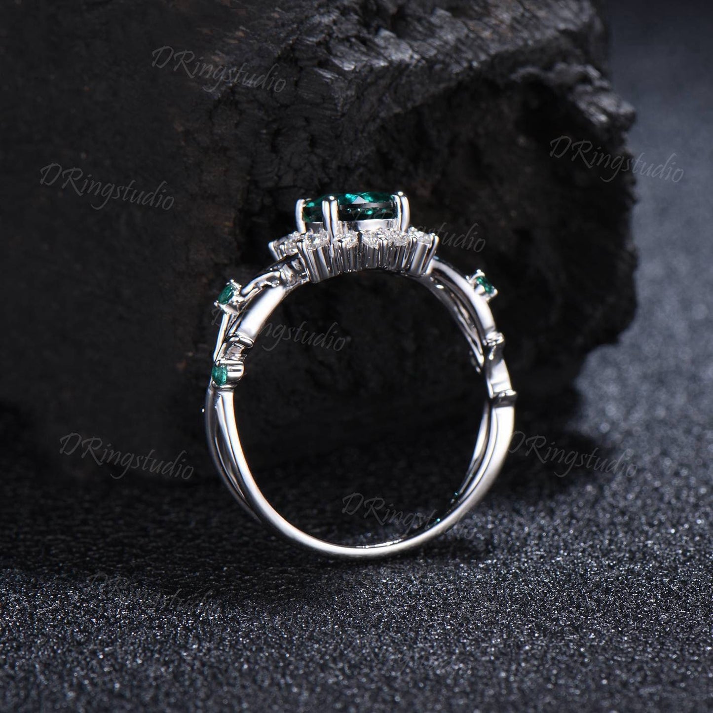 Flower Round Cut Green Emerald Engagement Ring Twist Leaf Branch May Birthstone Promise Ring Halo Moissanite Floral Wedding Ring Women Gift