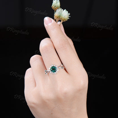 Flower Round Cut Green Emerald Engagement Ring Twist Leaf Branch May Birthstone Promise Ring Halo Moissanite Floral Wedding Ring Women Gift