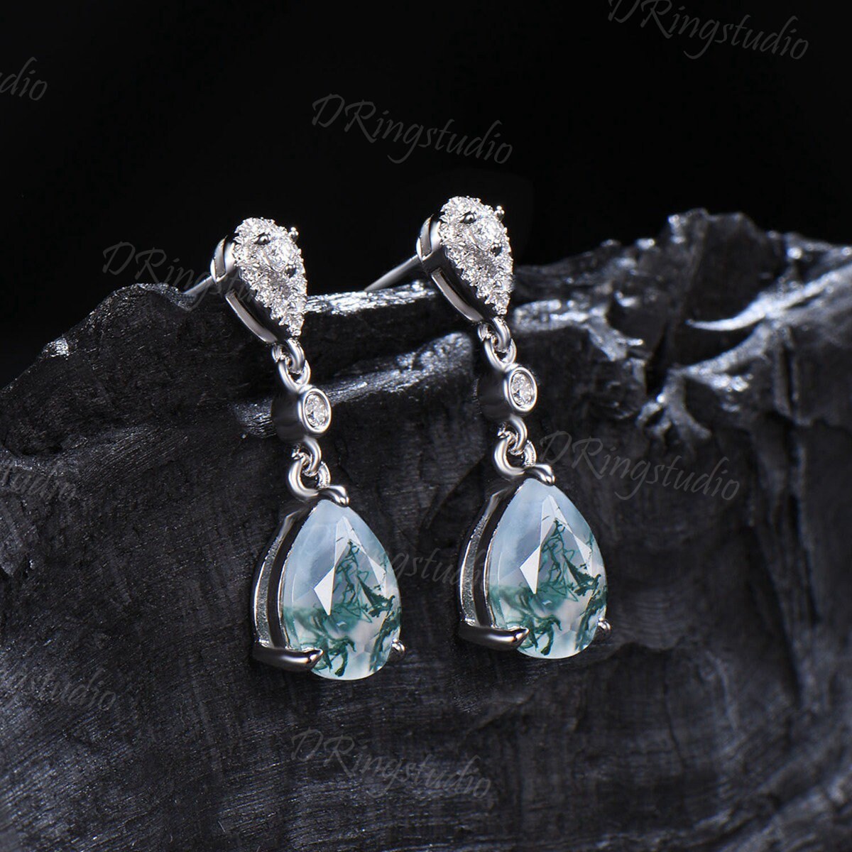 Teardrop Moss Agate Ring and Earrings Jewelry Twig Leaf Green Moss Engagement Ring Silver Natural Agate Dangle Drops Bridesmaid Earrings Set