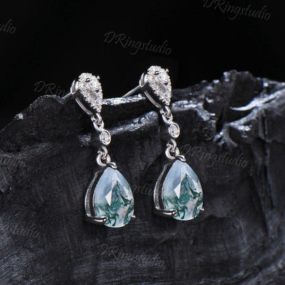 Teardrop Moss Agate Ring and Earrings Jewelry Twig Leaf Green Moss Engagement Ring Silver Natural Agate Dangle Drops Bridesmaid Earrings Set