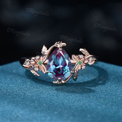 Branch Pear Cut Alexandrite Engagement Ring Nature Inspired Leaf Flower Wedding Ring 14k Rose Gold Celtic Knot Emerald Ring Anniversary Gift