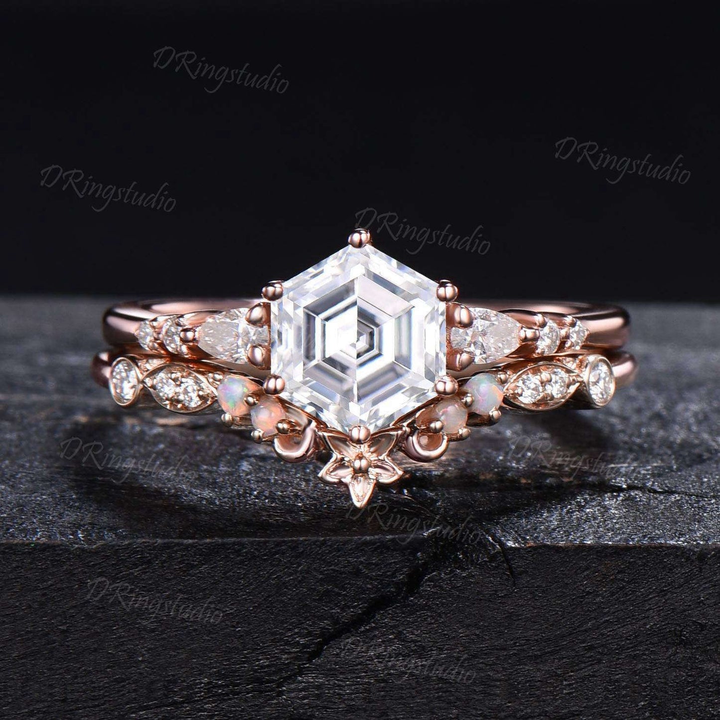 Hexagon Cut Moissanite Floral Engagement Ring 14k Rose Gold Flower Curved Bridal Set 7 Stone Cluster Moissanite Wedding Ring Promise Gift