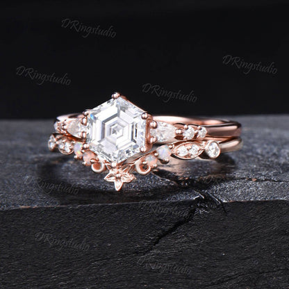 Hexagon Cut Moissanite Floral Engagement Ring 14k Rose Gold Flower Curved Bridal Set 7 Stone Cluster Moissanite Wedding Ring Promise Gift