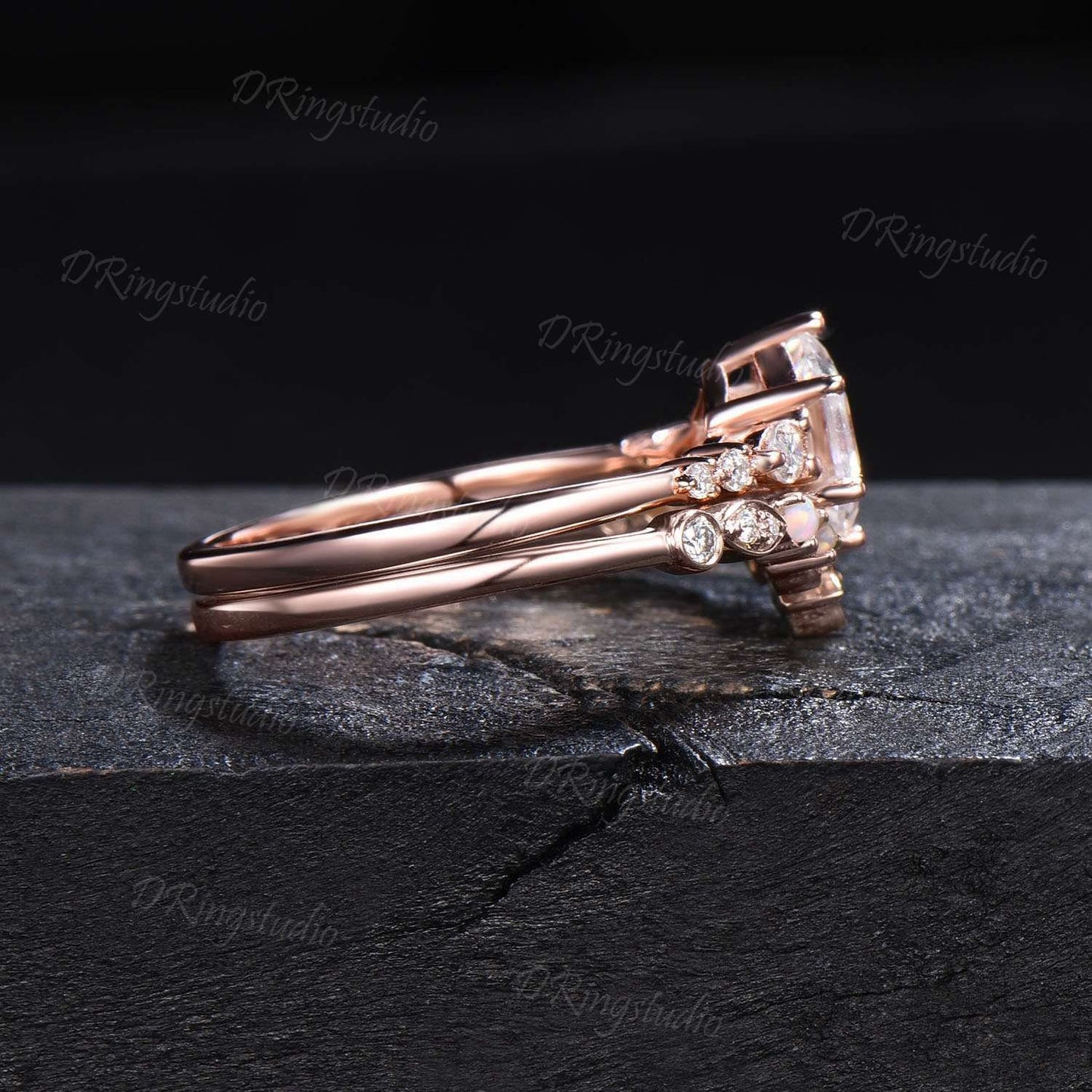 Hexagon Cut Moissanite Floral Engagement Ring 14k Rose Gold Flower Curved Bridal Set 7 Stone Cluster Moissanite Wedding Ring Promise Gift