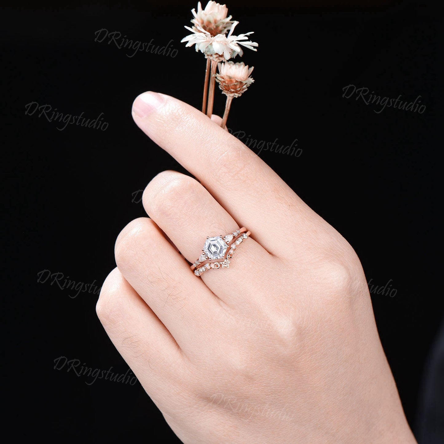 Hexagon Cut Moissanite Floral Engagement Ring 14k Rose Gold Flower Curved Bridal Set 7 Stone Cluster Moissanite Wedding Ring Promise Gift