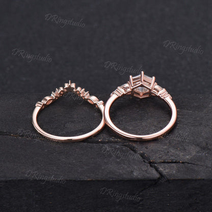 Hexagon Cut Moissanite Floral Engagement Ring 14k Rose Gold Flower Curved Bridal Set 7 Stone Cluster Moissanite Wedding Ring Promise Gift