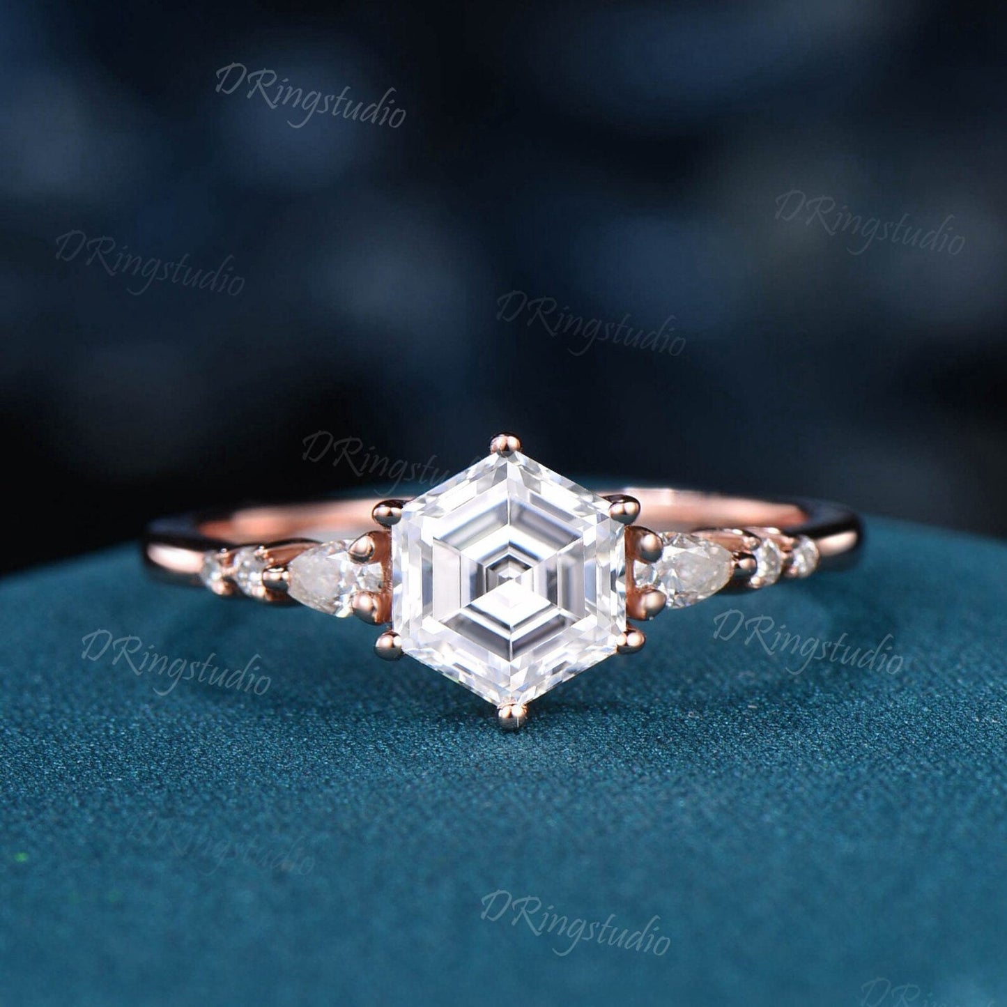 Hexagon Cut Moissanite Floral Engagement Ring 14k Rose Gold Flower Curved Bridal Set 7 Stone Cluster Moissanite Wedding Ring Promise Gift