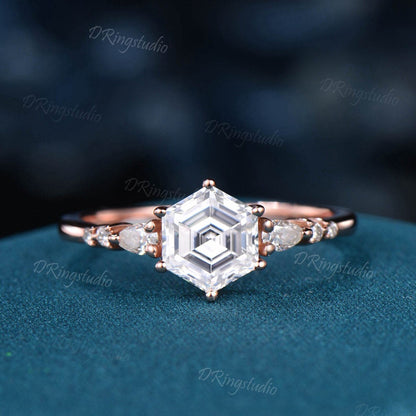 Hexagon Cut Moissanite Floral Engagement Ring 14k Rose Gold Flower Curved Bridal Set 7 Stone Cluster Moissanite Wedding Ring Promise Gift