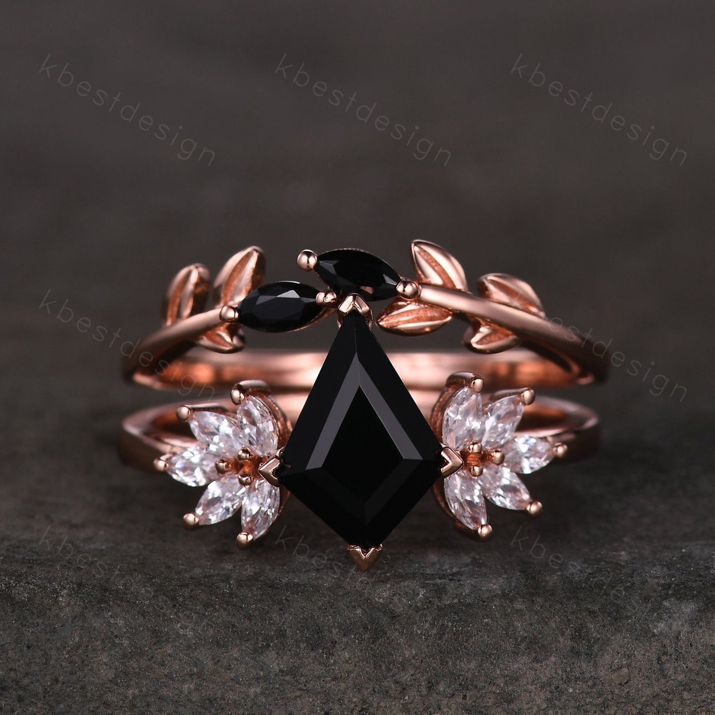 Vintage black onyx engagement ring kite cut ring rose gold ring art deco leaf stacking band unique moissanite cluster wedding ring set