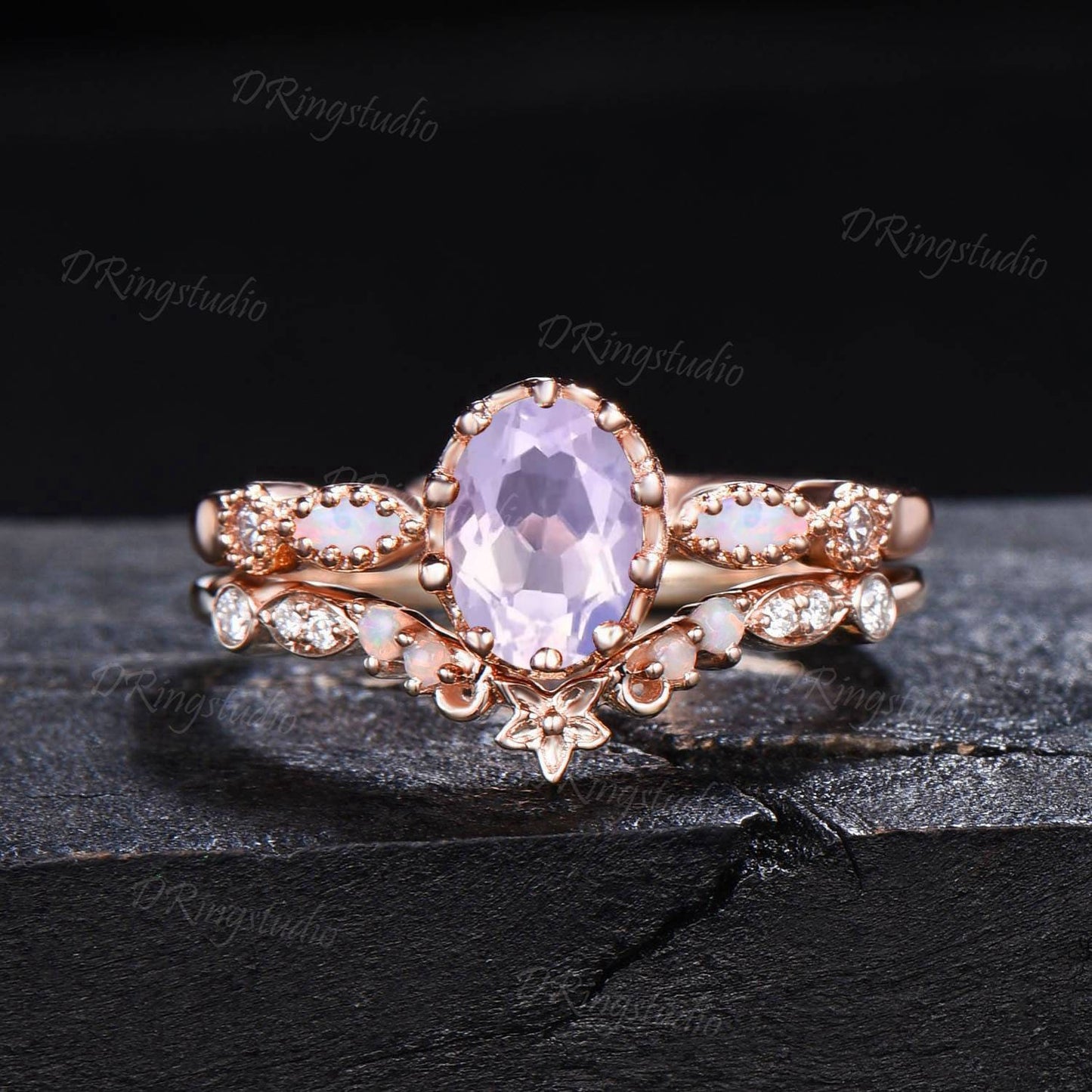 Vintage Oval Lavender Amethyst Ring Bridal Set 14k Gold Opal Moissanite Engagement Ring Purple Crystal Milgrain Ring Proposal Gift for Women