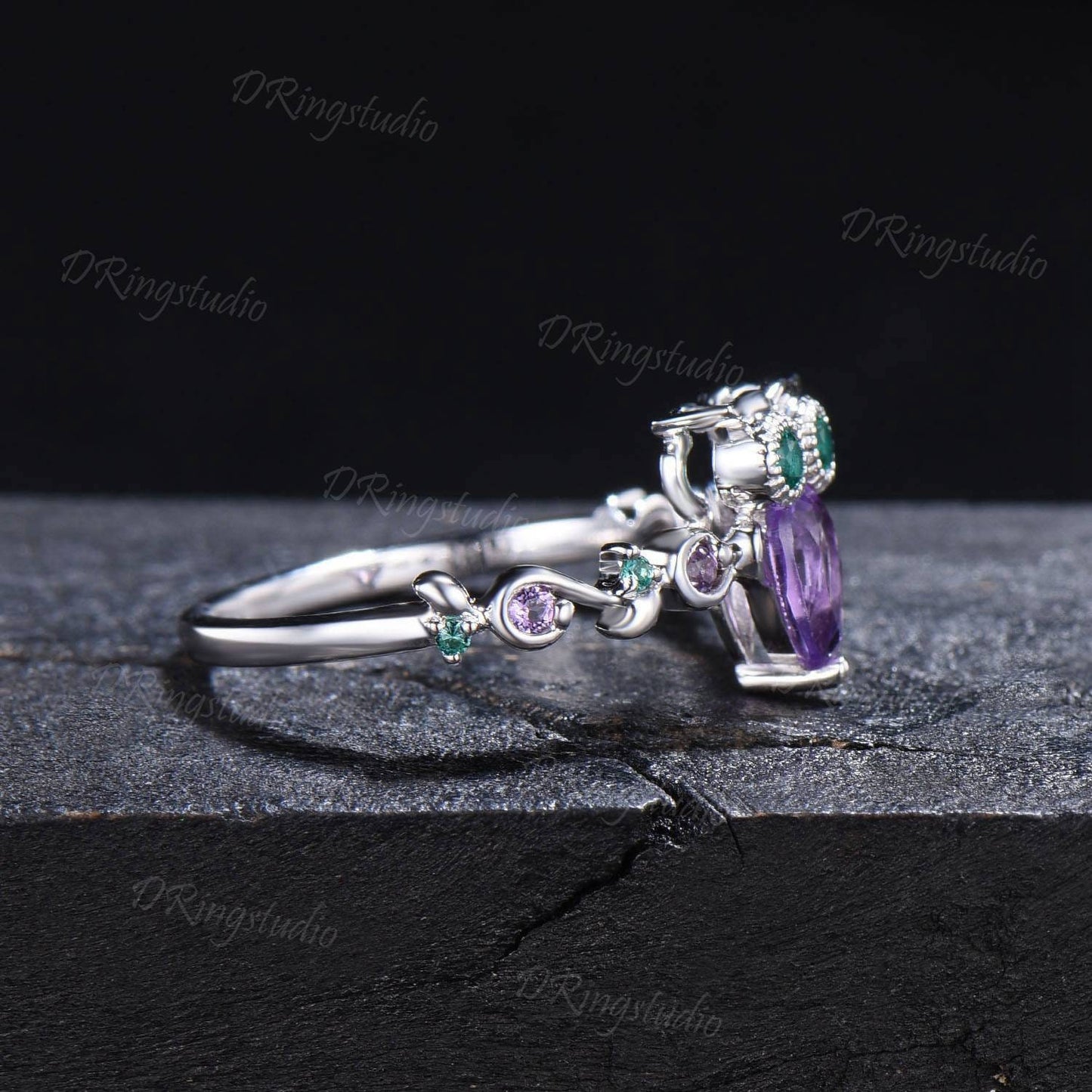 Owl Amethyst Engagement Ring Nature Inspired Pear Cut Amethyst Wedding Ring Twig Vine Green Emerald Ring February Birthstone for Owl Lover