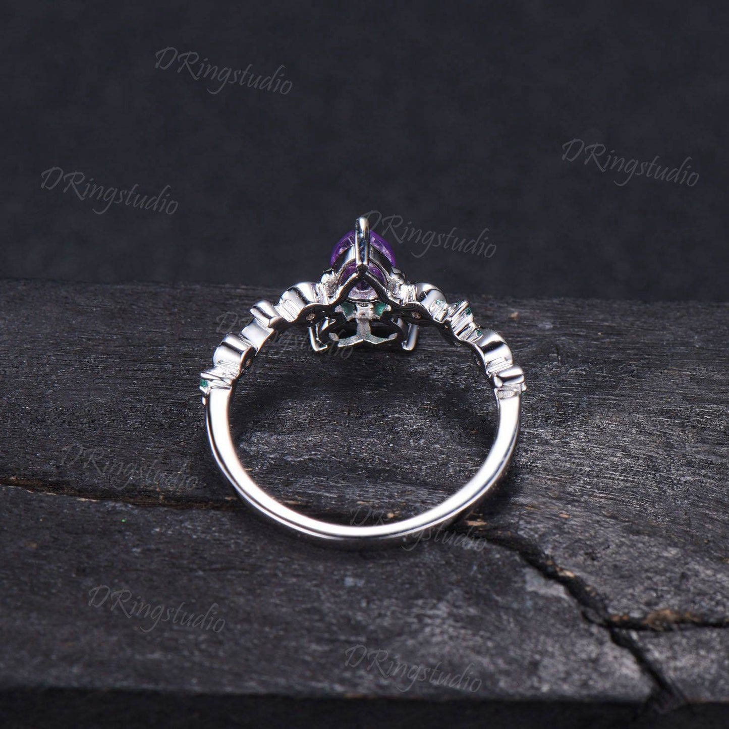 Owl Amethyst Engagement Ring Nature Inspired Pear Cut Amethyst Wedding Ring Twig Vine Green Emerald Ring February Birthstone for Owl Lover