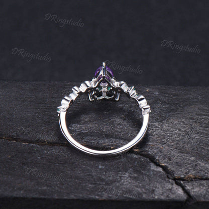 Owl Amethyst Engagement Ring Nature Inspired Pear Cut Amethyst Wedding Ring Twig Vine Green Emerald Ring February Birthstone for Owl Lover