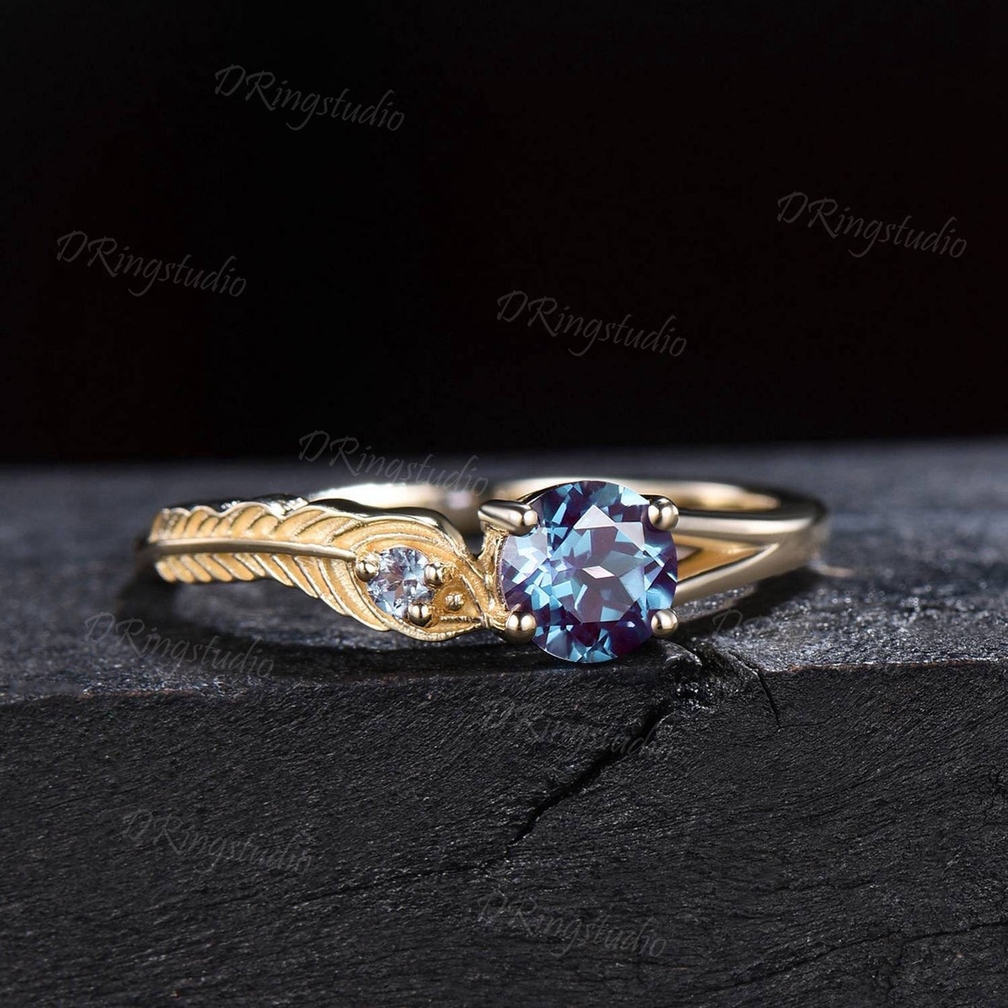 14k Yellow Gold Feather Engagement Ring 0.5ct Round Color-change Alexandrite Ring Engraved Peacock Feather Ring June Birthstone Wedding Ring