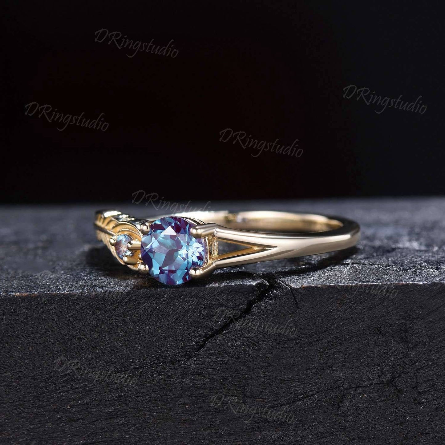 14k Yellow Gold Feather Engagement Ring 0.5ct Round Color-change Alexandrite Ring Engraved Peacock Feather Ring June Birthstone Wedding Ring