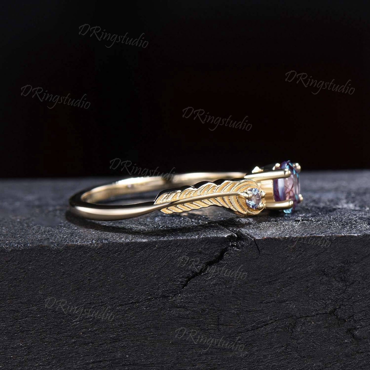 14k Yellow Gold Feather Engagement Ring 0.5ct Round Color-change Alexandrite Ring Engraved Peacock Feather Ring June Birthstone Wedding Ring