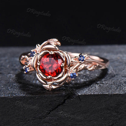 14k Rose Gold Floral Red Ruby Engagement Ring Rose Flower July Birthstone Promise Ring Twist Leaf Blue Sapphire Ring Proposal Gift for Women