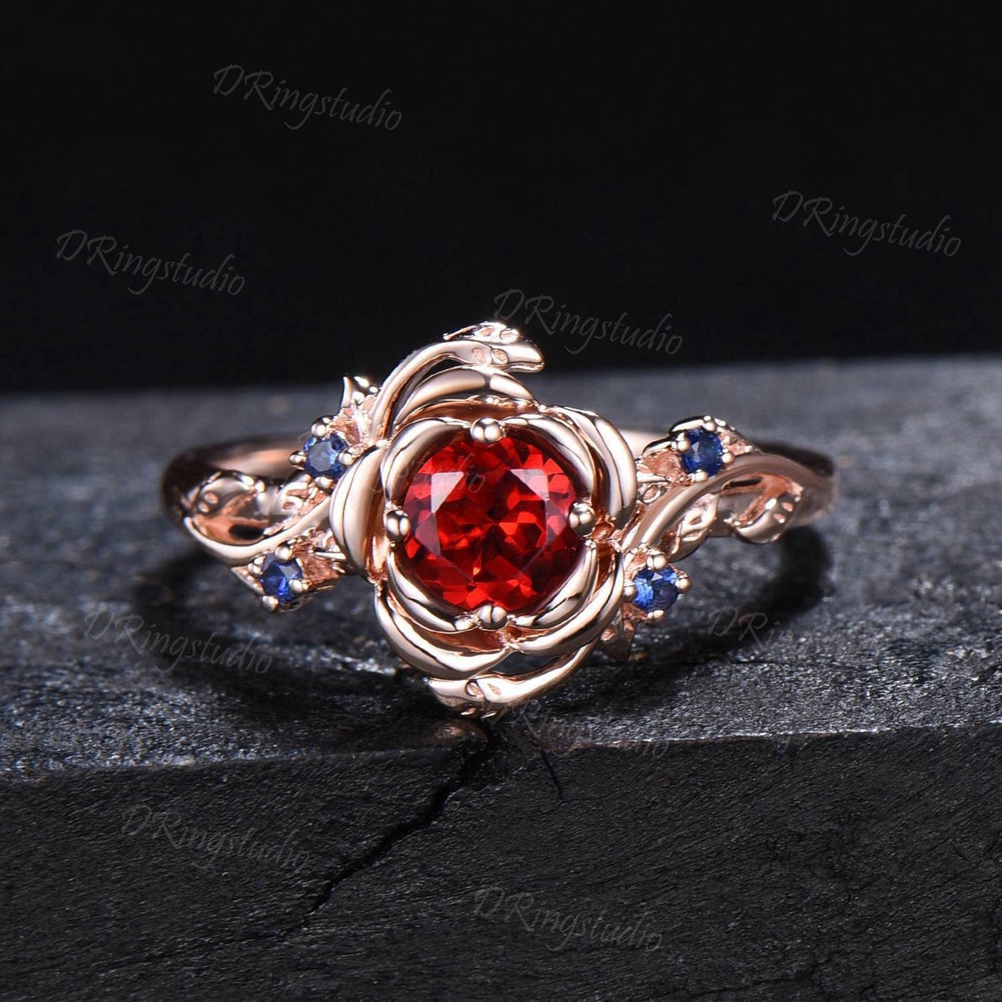 14k Rose Gold Floral Red Ruby Engagement Ring Rose Flower July Birthstone Promise Ring Twist Leaf Blue Sapphire Ring Proposal Gift for Women