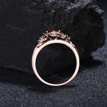 14k Rose Gold Floral Red Ruby Engagement Ring Rose Flower July Birthstone Promise Ring Twist Leaf Blue Sapphire Ring Proposal Gift for Women