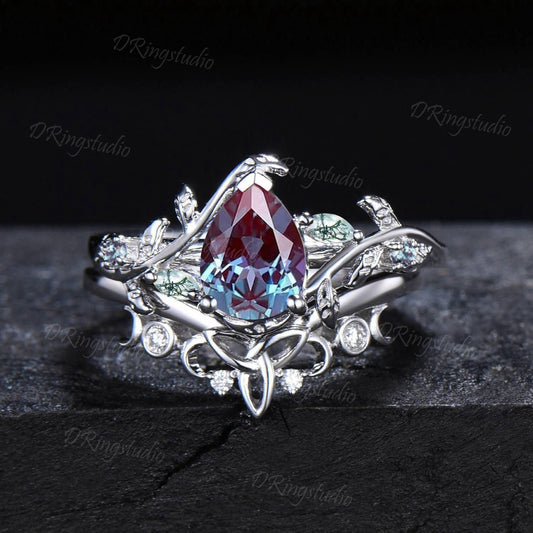 Nature Inspired Teardrop Alexandrite Engagement Ring Twig Leaf Vine Alexandrite Moss Agate Bridal Set White Gold Celtic Knot Moissanite Ring