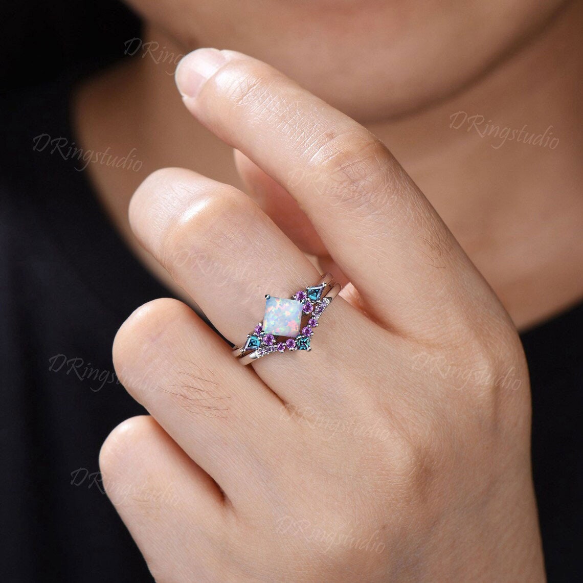 Princess Cut White Opal Engagement Ring Set White Gold Opal Amethyst Cluster Wedding Ring 7 Stone Ring October Birthstone Jewelry Women Gift