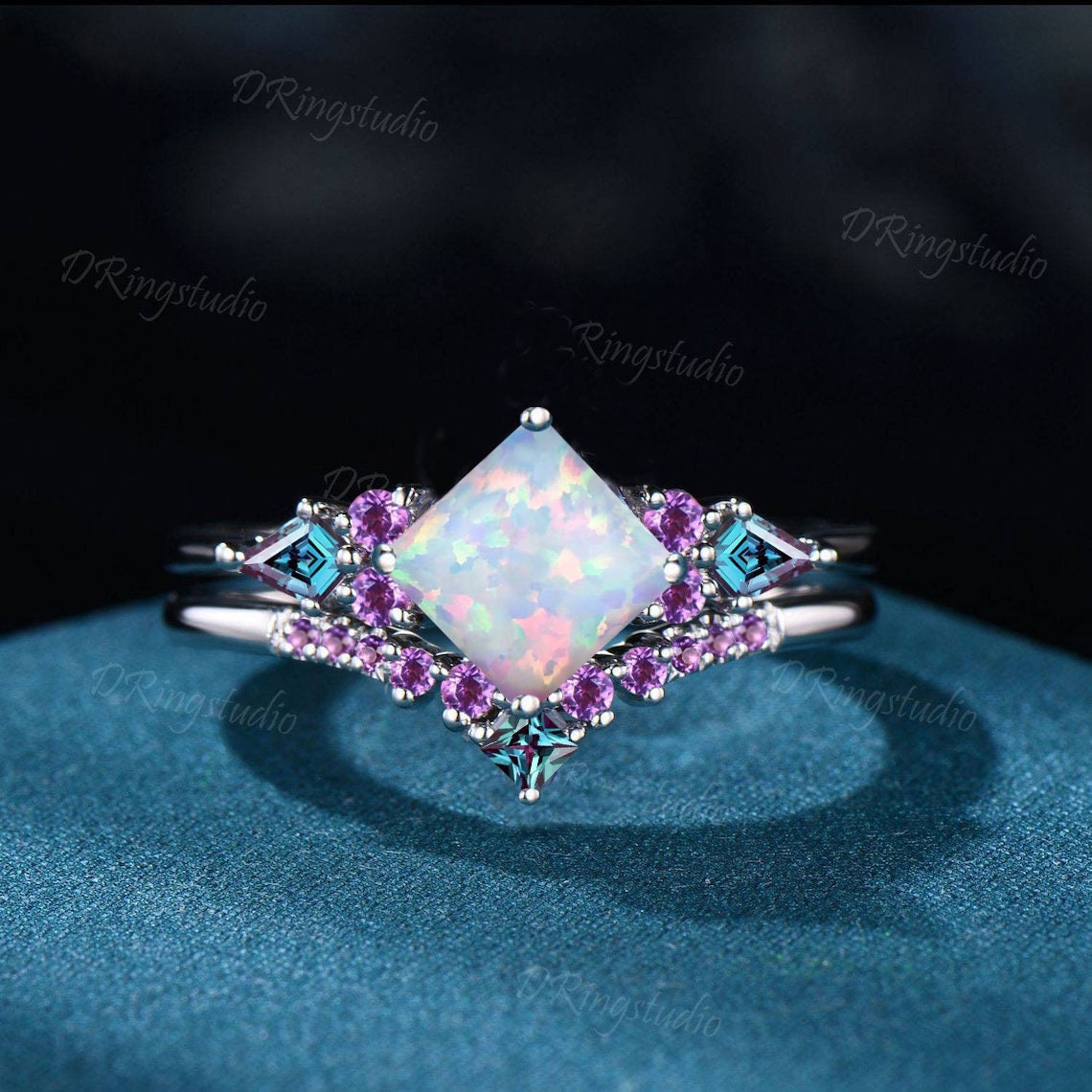 Princess Cut White Opal Engagement Ring Set White Gold Opal Amethyst Cluster Wedding Ring 7 Stone Ring October Birthstone Jewelry Women Gift