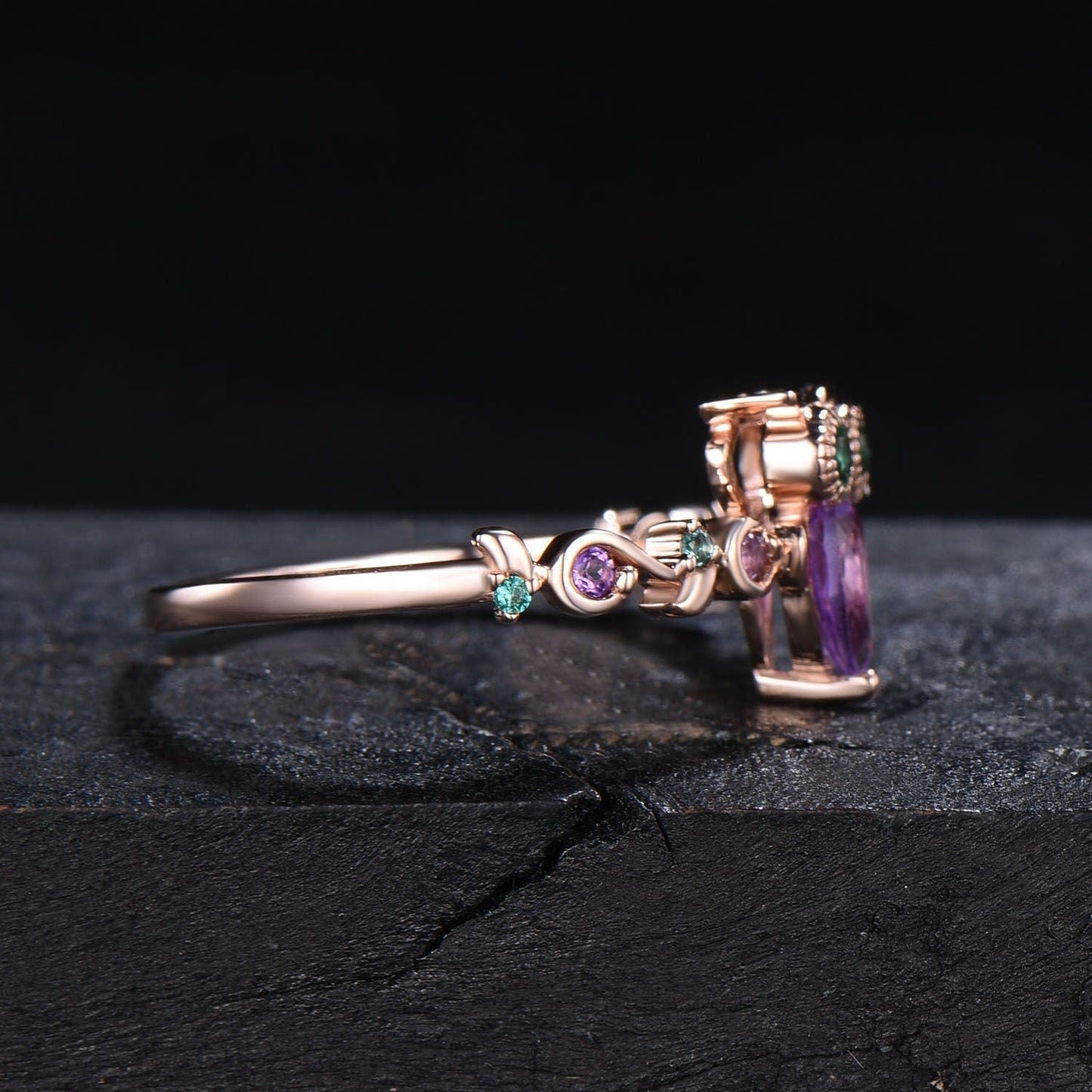 Owl Amethyst Engagement Ring Nature Inspired Pear Cut Amethyst Wedding Ring Twig Vine Green Emerald Ring February Birthstone for Owl Lover