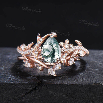 Floral Pear Shaped Moss Agate Engagement Ring Set Nature Inspired Green Gemstone Bridal Set Twist Diamond Wedding Ring Rose Gold Flower Ring