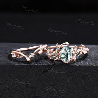 Floral Pear Shaped Moss Agate Engagement Ring Set Nature Inspired Green Gemstone Bridal Set Twist Diamond Wedding Ring Rose Gold Flower Ring