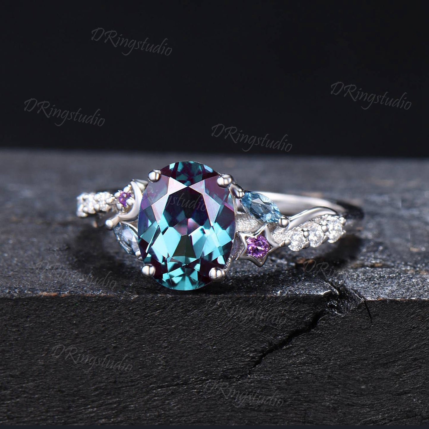 Moon Star Design Alexandrite Engagement Ring Antique Oval Alexandrite Ring Cluster Topaz Moissanite Wedding Ring Celestial Ring Women Gifts