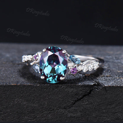 Moon Star Design Alexandrite Engagement Ring Antique Oval Alexandrite Ring Cluster Topaz Moissanite Wedding Ring Celestial Ring Women Gifts