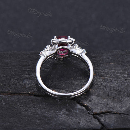 Vintage Red Ruby Cat Engagement Ring Set 1CT Round Red Gemstone Wedding Ring Opal Floral Bridal Set Sterling Silver Kitten Ring For Daughter