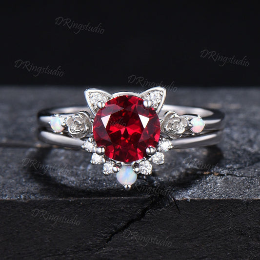 Vintage Red Ruby Cat Engagement Ring Set 1CT Round Red Gemstone Wedding Ring Opal Floral Bridal Set Sterling Silver Kitten Ring For Daughter