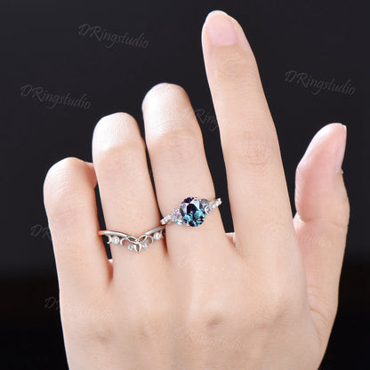 Moon Star Alexandrite Engagement Ring 1.5CT Oval Color-Change Alexandrite Bridal Set Celestial Moon Ring Celtic Knot June Birthstone Jewelry