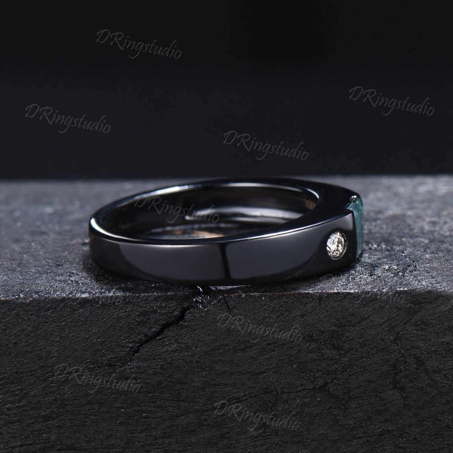 Black Gold Mens Engagement Band Vintage Baguette Cut Moss Agate Wedding Band Flush Diamond Ring 4mm Mens Promise Band Anniversary Men Gift