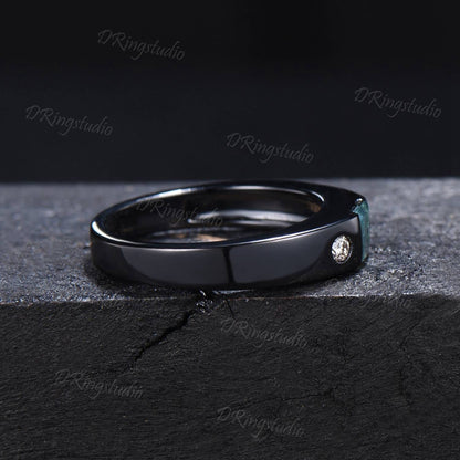 Black Gold Mens Engagement Band Vintage Baguette Cut Moss Agate Wedding Band Flush Diamond Ring 4mm Mens Promise Band Anniversary Men Gift